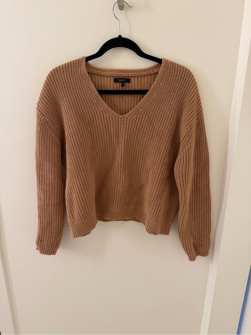 Quince Camel/Tan V-Neck Rib Knit Sweater